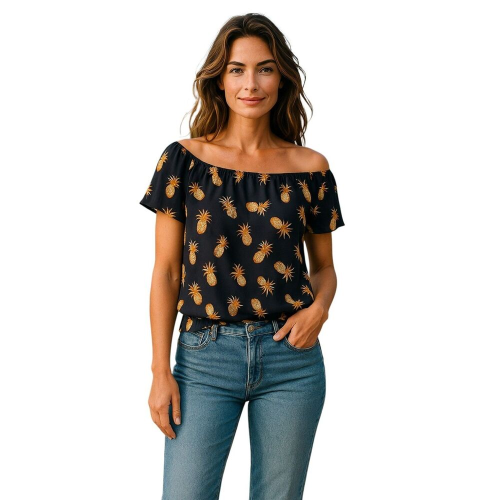 Sienna Sky Blouse Top woman's Small XS Off The Shoulder Shirt Black Pineapple